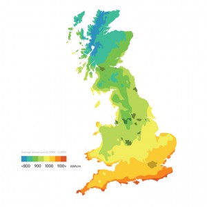 UK map showing levels of irradiance