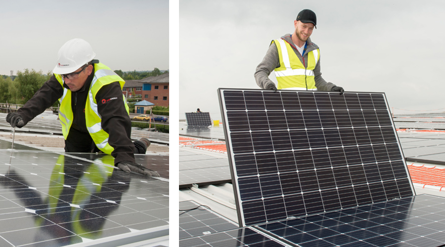 Solar panels installation on a business rooftop